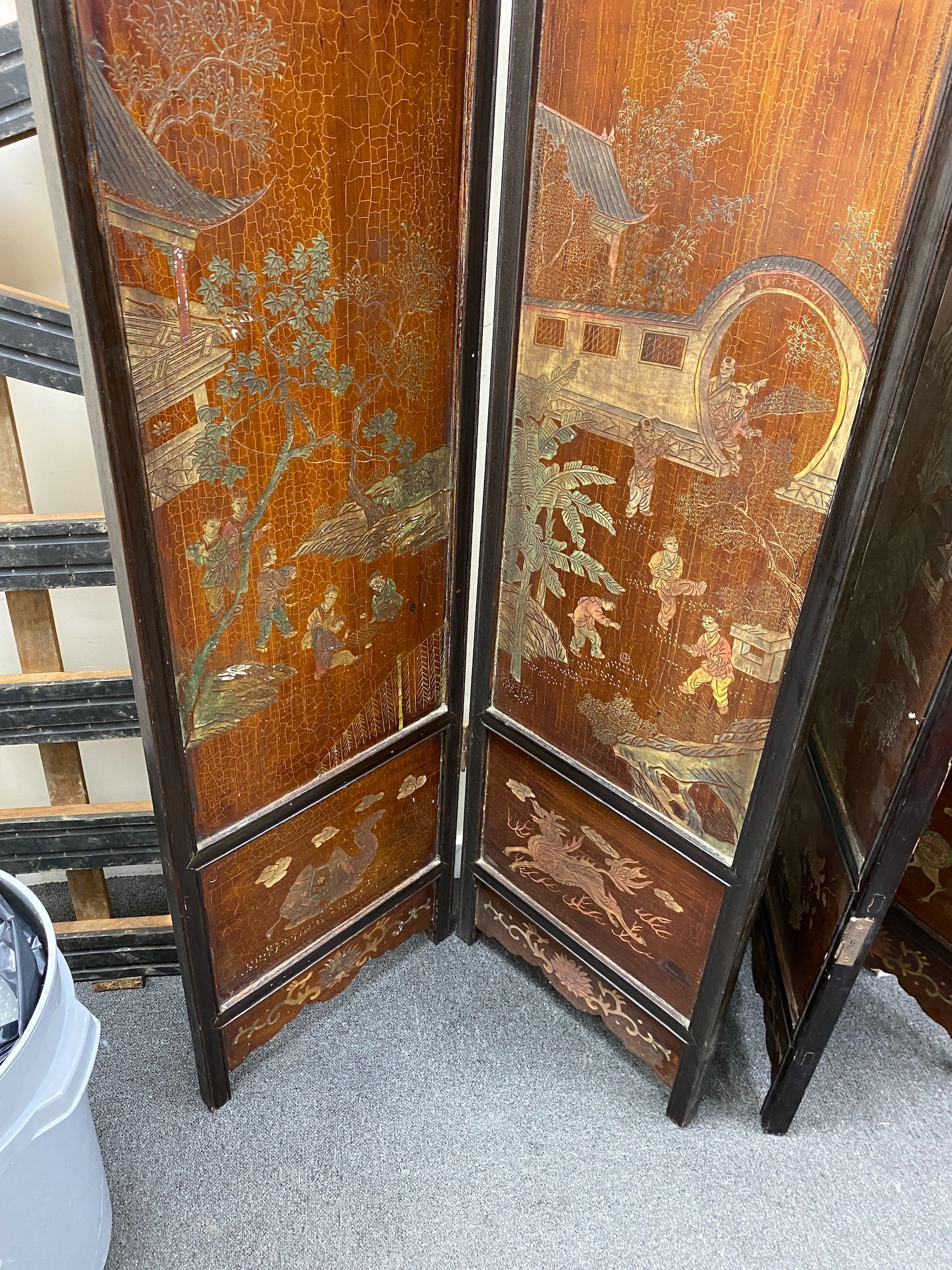 A Chinese four fold screen, each panel width 48cm, height 184cm